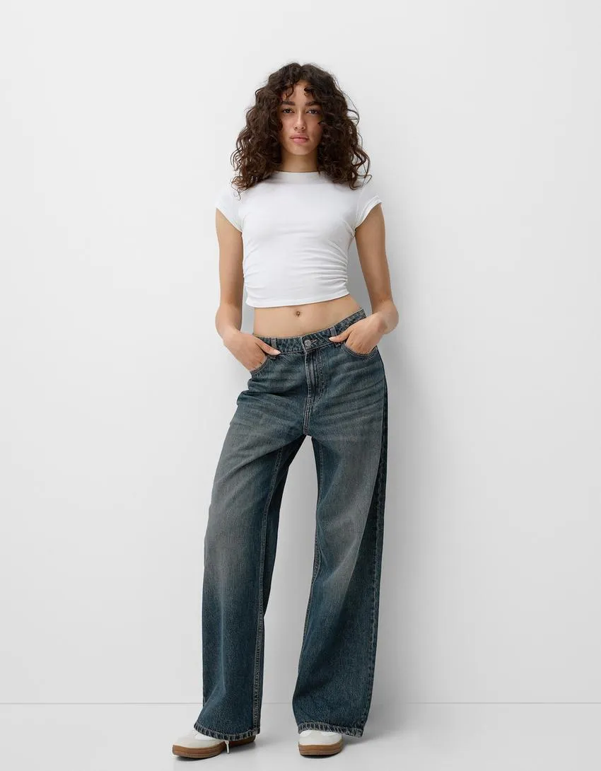003 BK Unisex Vintage Green baggy wide leg Jeans