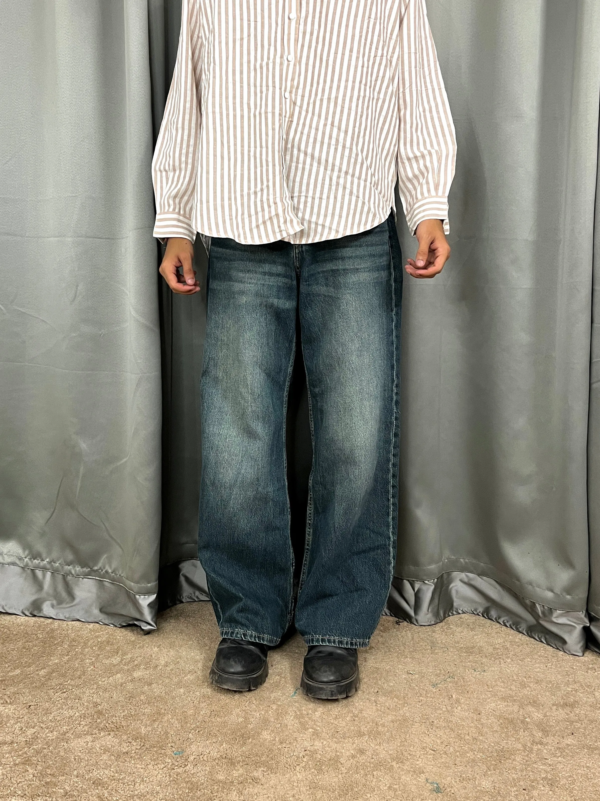 003 BK Unisex Vintage Green baggy wide leg Jeans