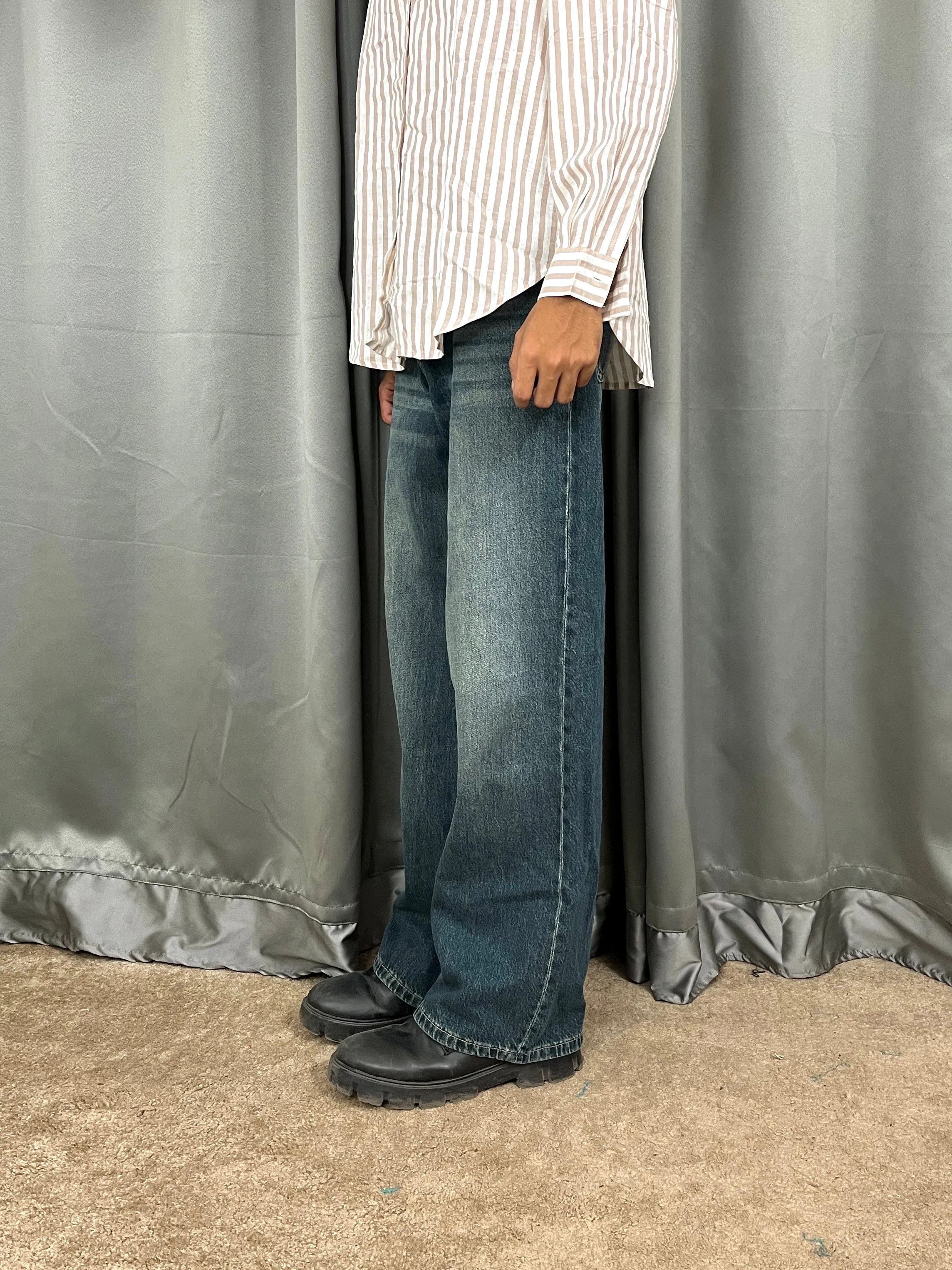 003 BK Unisex Vintage Green baggy wide leg Jeans