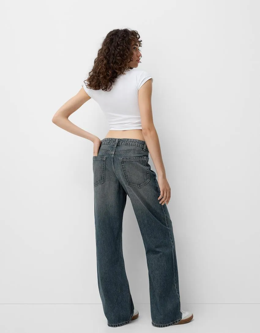 003 BK Unisex Vintage Green baggy wide leg Jeans