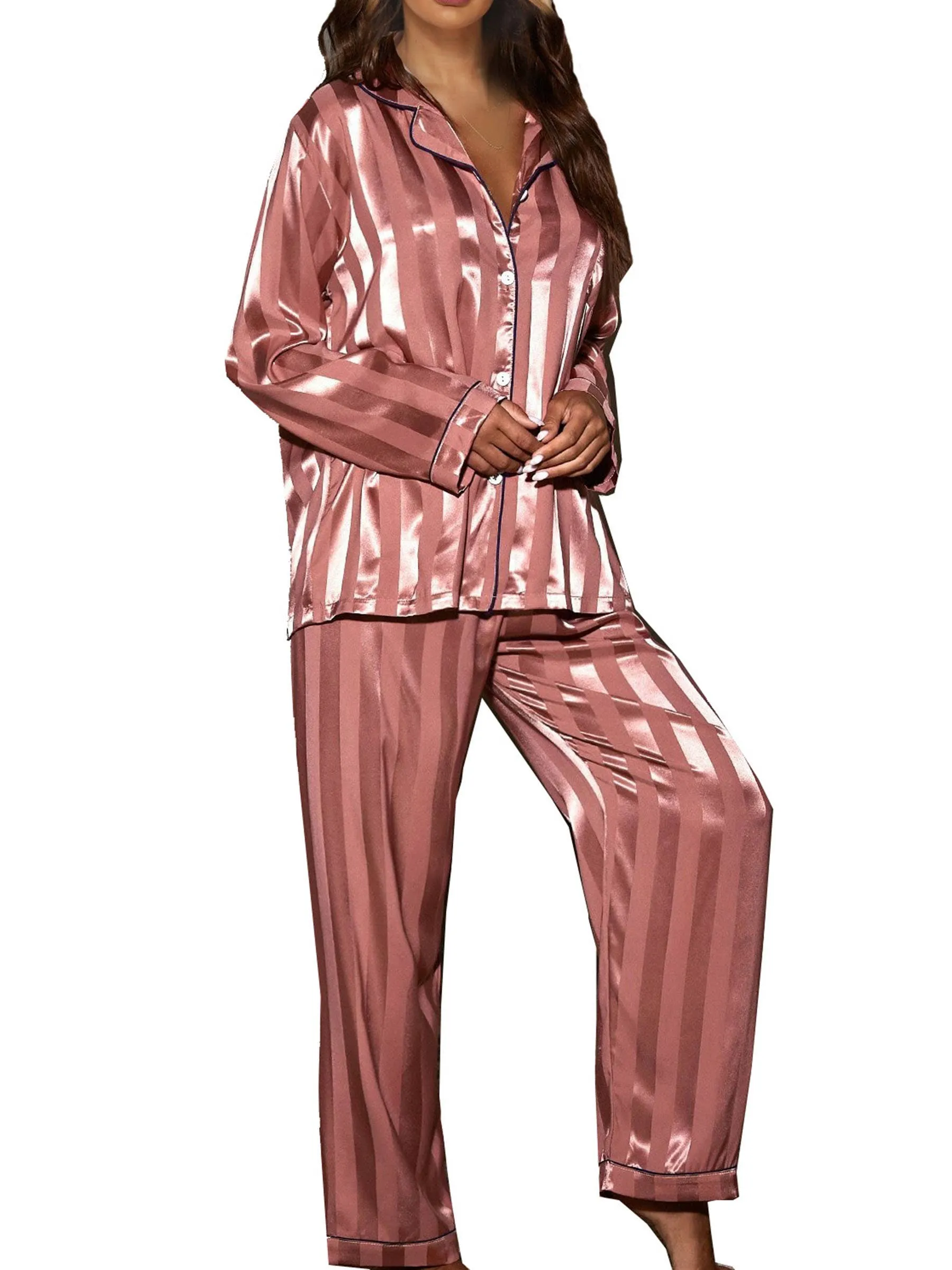2 Piece Button Front Sleepwear Pants Set Loungewear: S / Pink