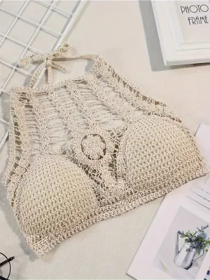 2pc Hollow Out Crochet Halter Tops, Tie Neck Backless Boho Paddings Beachwear Top, Women's Swimwear & Clothing