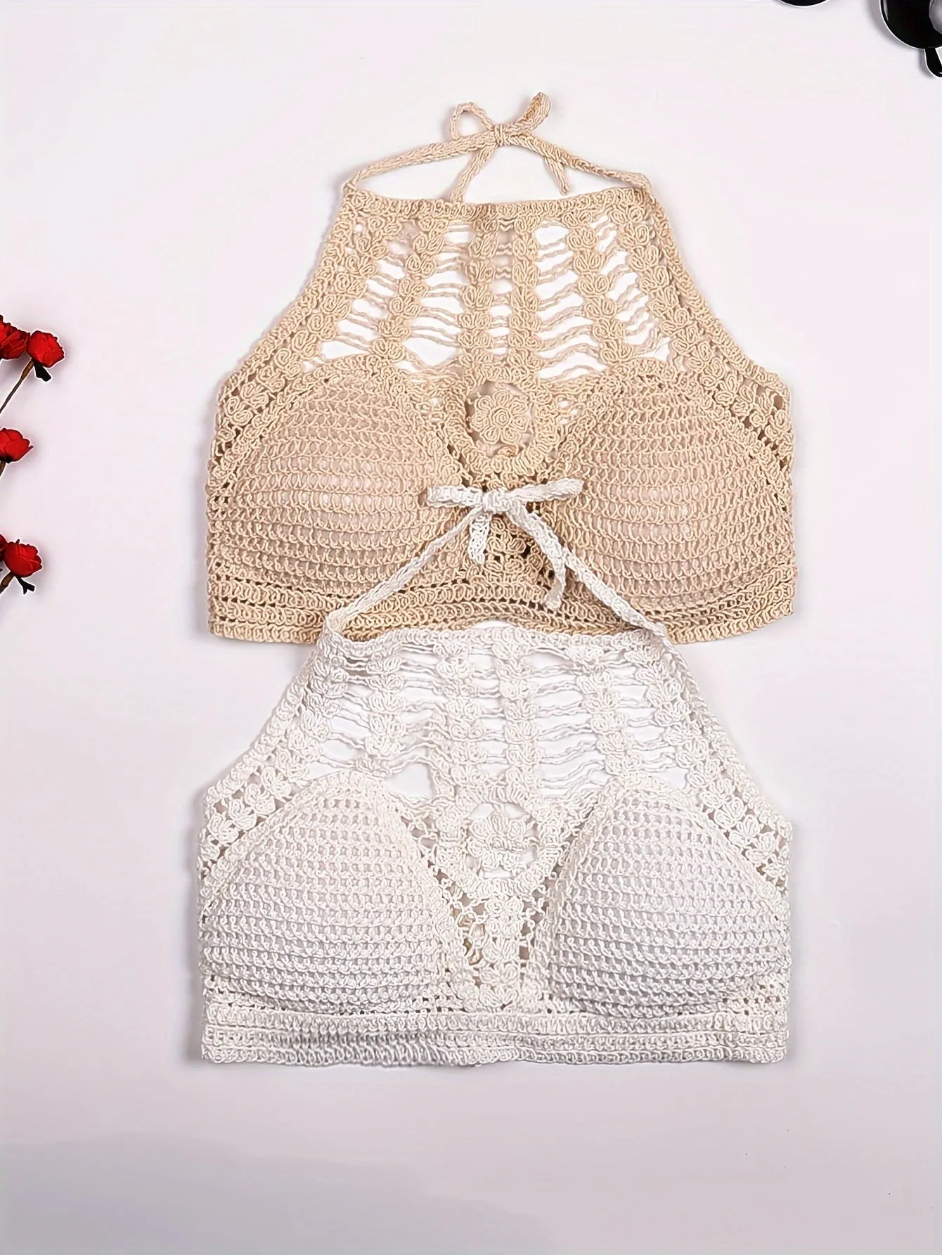 2pc Hollow Out Crochet Halter Tops, Tie Neck Backless Boho Paddings Beachwear Top, Women's Swimwear & Clothing