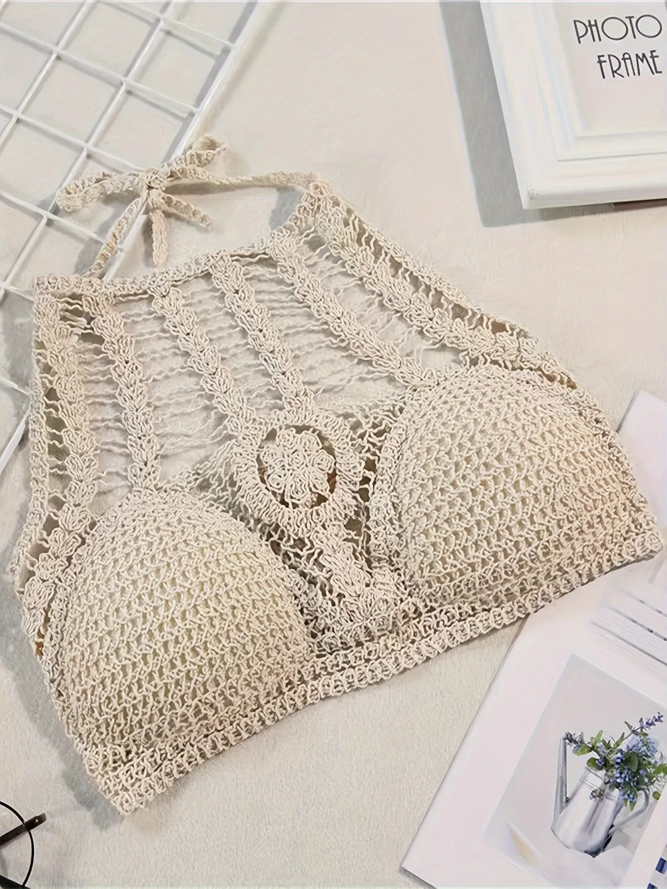 2pc Hollow Out Crochet Halter Tops, Tie Neck Backless Boho Paddings Beachwear Top, Women's Swimwear & Clothing