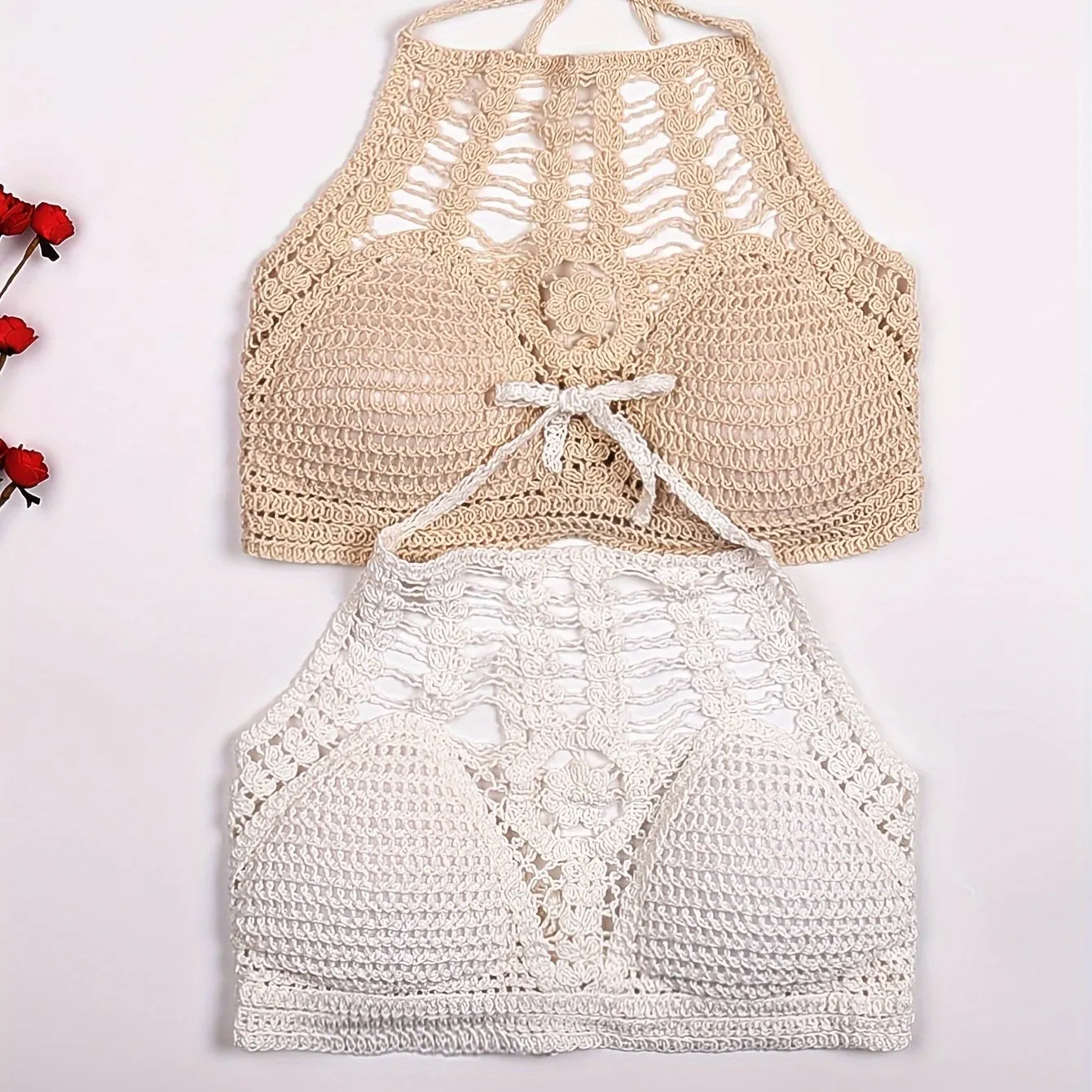 2pc Hollow Out Crochet Halter Tops, Tie Neck Backless Boho Paddings Beachwear Top, Women's Swimwear & Clothing