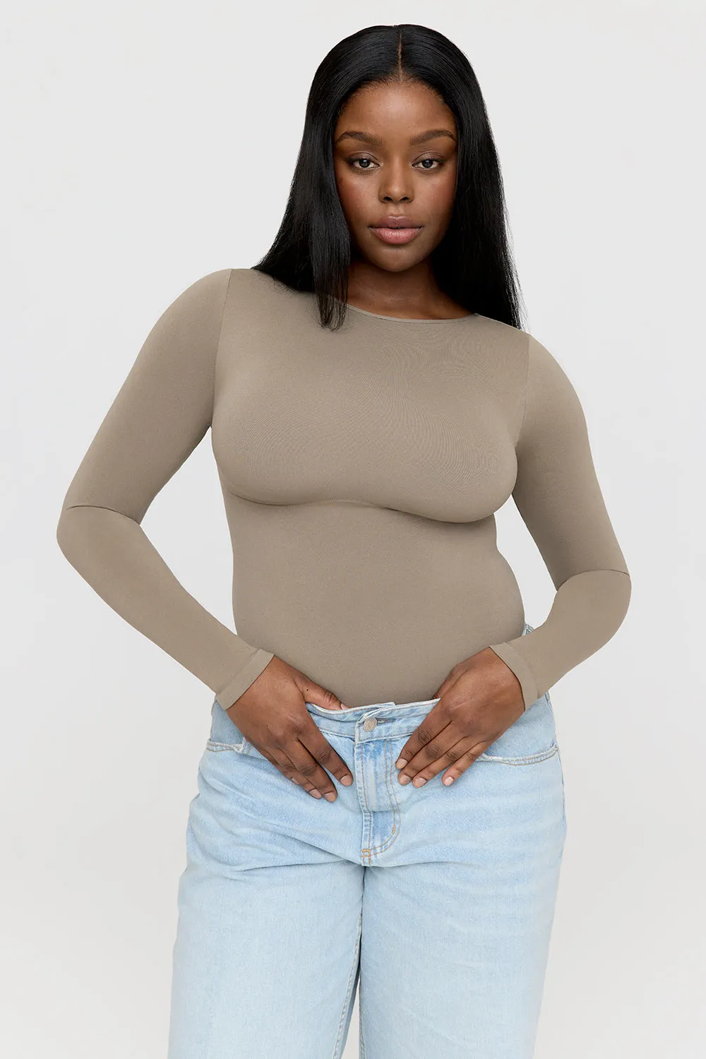 365 CONTOUR LONG SLEEVE BODYSUIT - STONE KHAKI