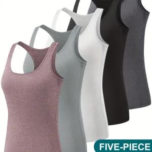 5-Pack Women's Athletic Tank Tops – Breathable Crew Neck Sports Shirts