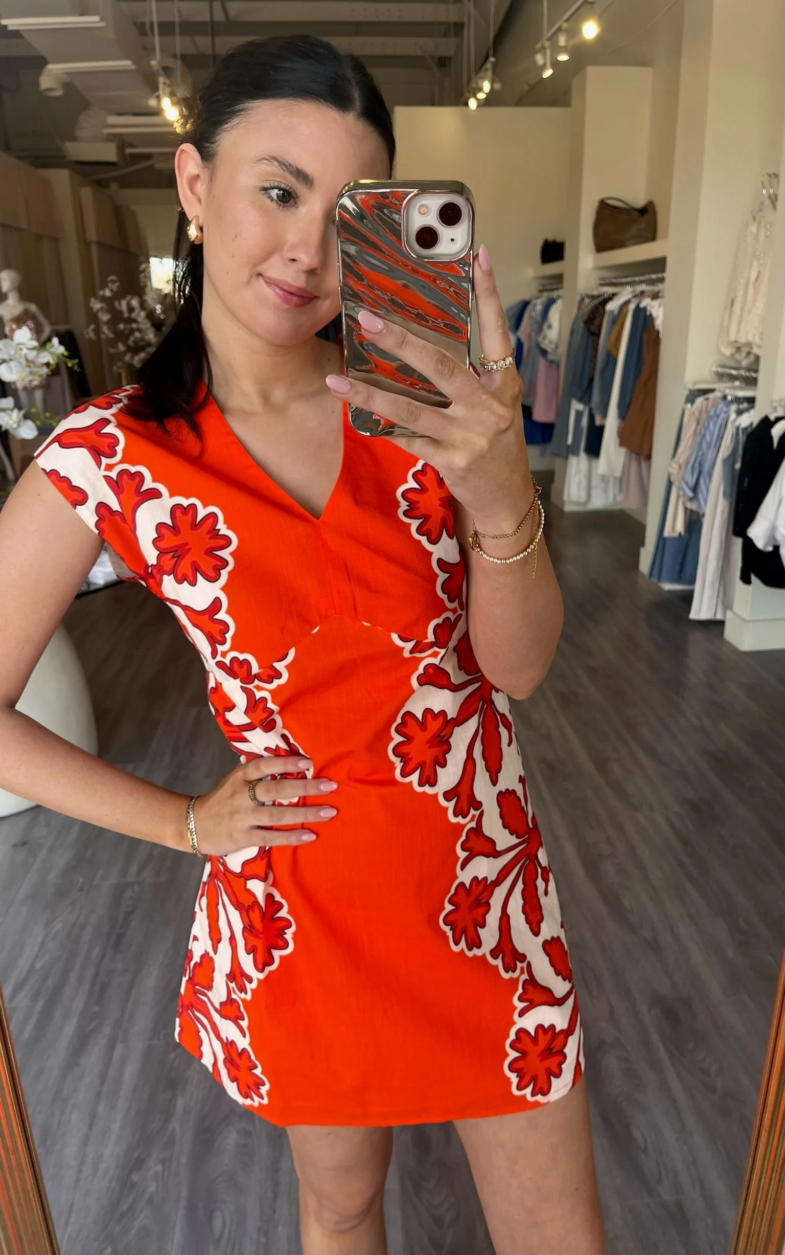 AC Orange Printed V-Neck Mini Dress