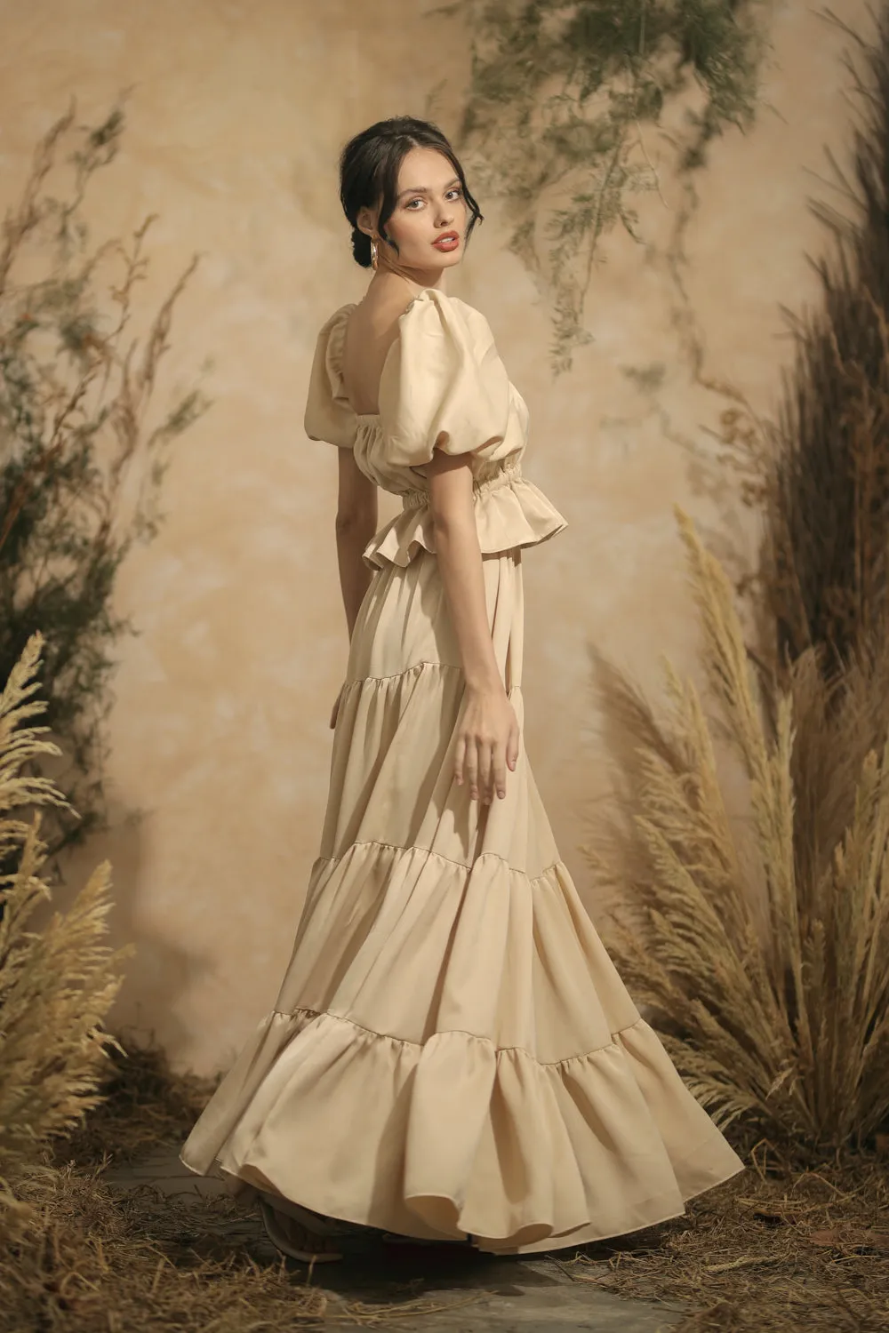 ALMERIA Balloon Sleeve Gartered Top with Four-Layer Maxi Skirt (Nude Italian Silk)