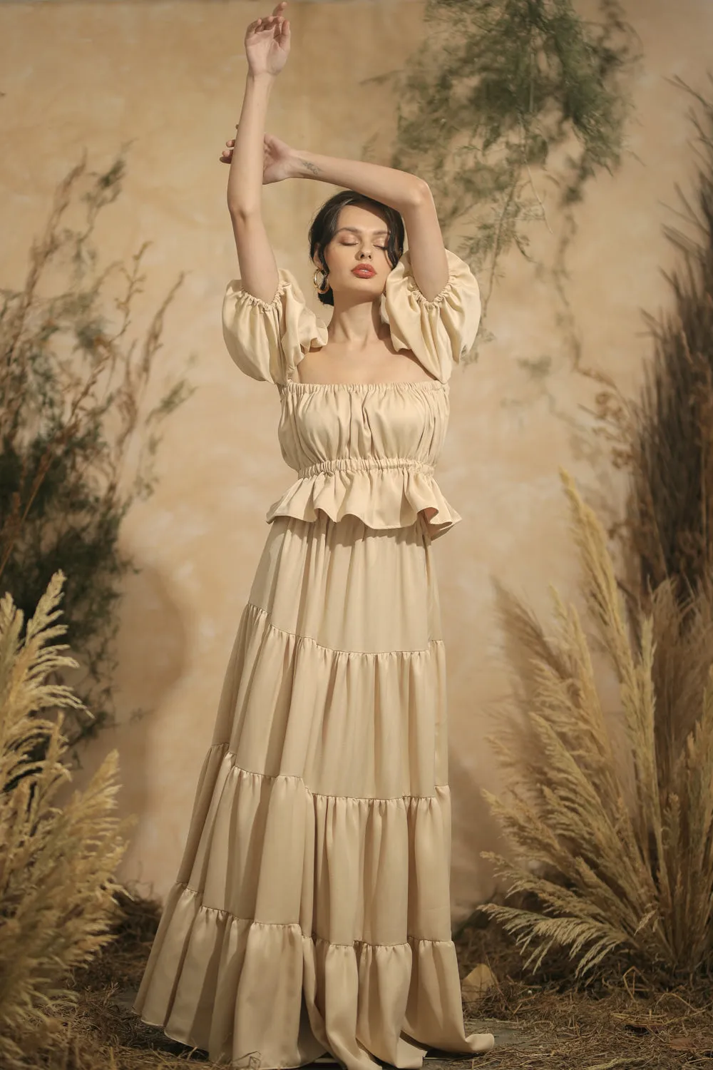 ALMERIA Balloon Sleeve Gartered Top with Four-Layer Maxi Skirt (Nude Italian Silk)