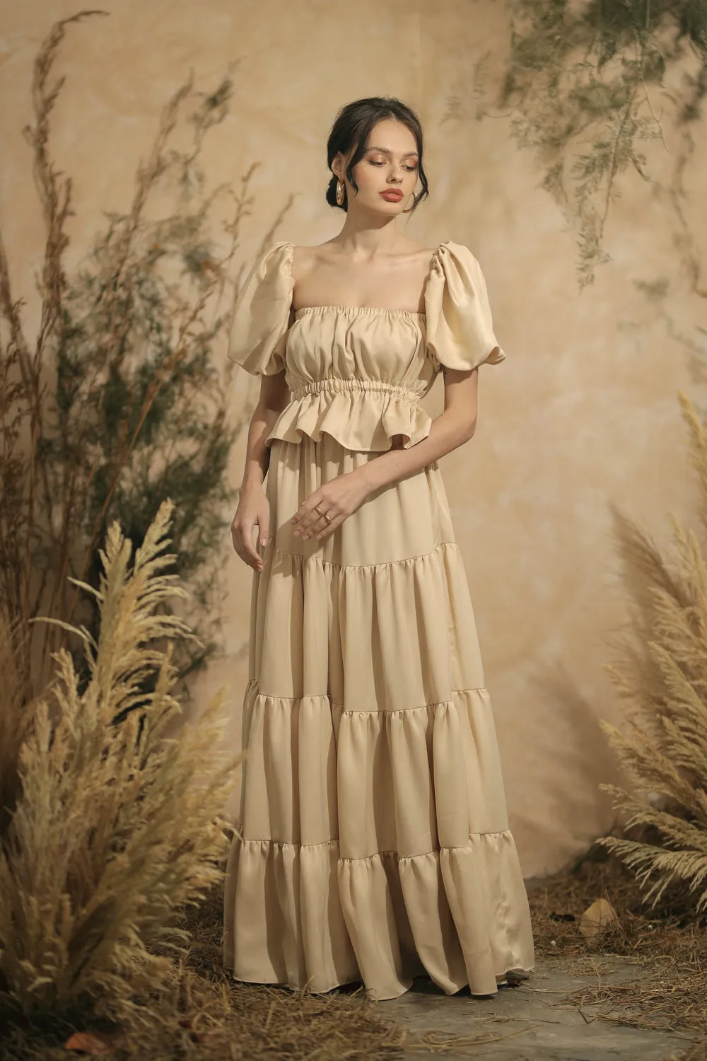 ALMERIA Balloon Sleeve Gartered Top with Four-Layer Maxi Skirt (Nude Italian Silk)
