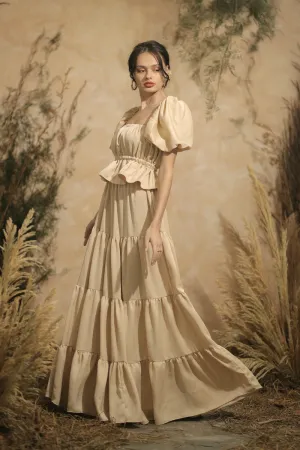 ALMERIA Balloon Sleeve Gartered Top with Four-Layer Maxi Skirt (Nude Italian Silk)
