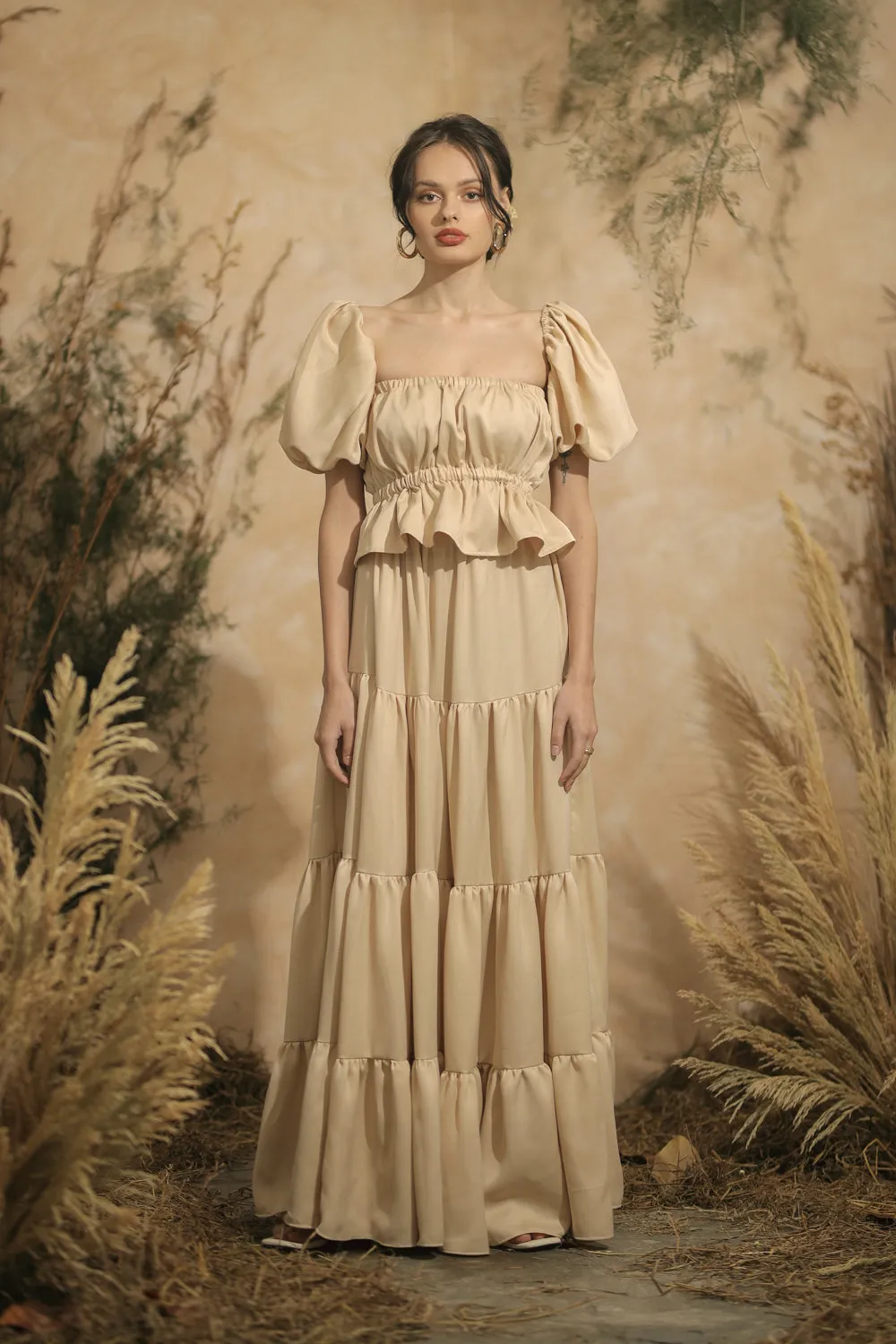 ALMERIA Balloon Sleeve Gartered Top with Four-Layer Maxi Skirt (Nude Italian Silk)