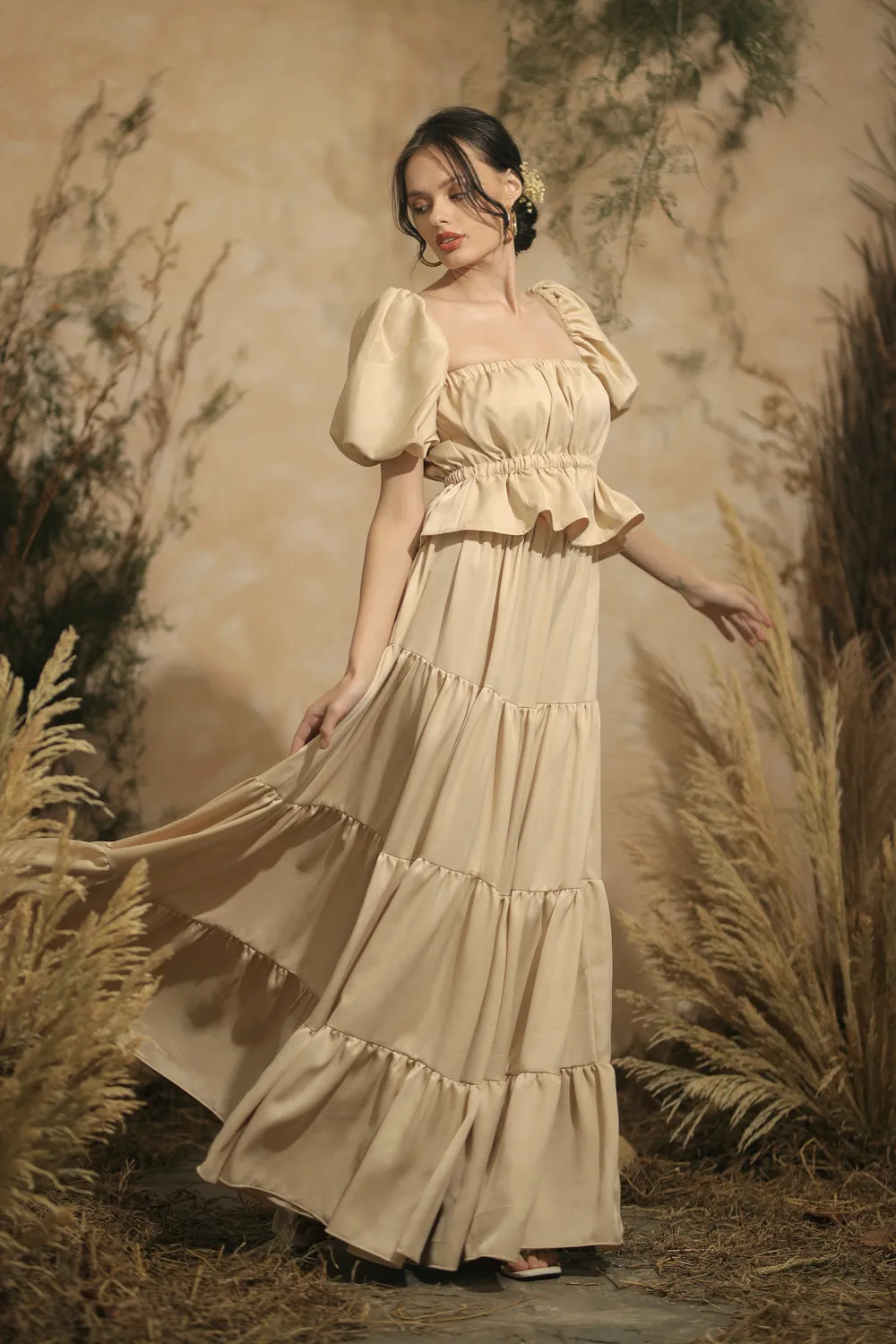 ALMERIA Balloon Sleeve Gartered Top with Four-Layer Maxi Skirt (Nude Italian Silk)