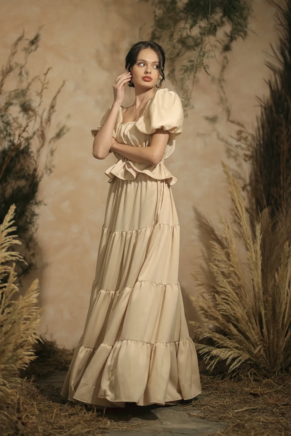 ALMERIA Balloon Sleeve Gartered Top with Four-Layer Maxi Skirt (Nude Italian Silk)