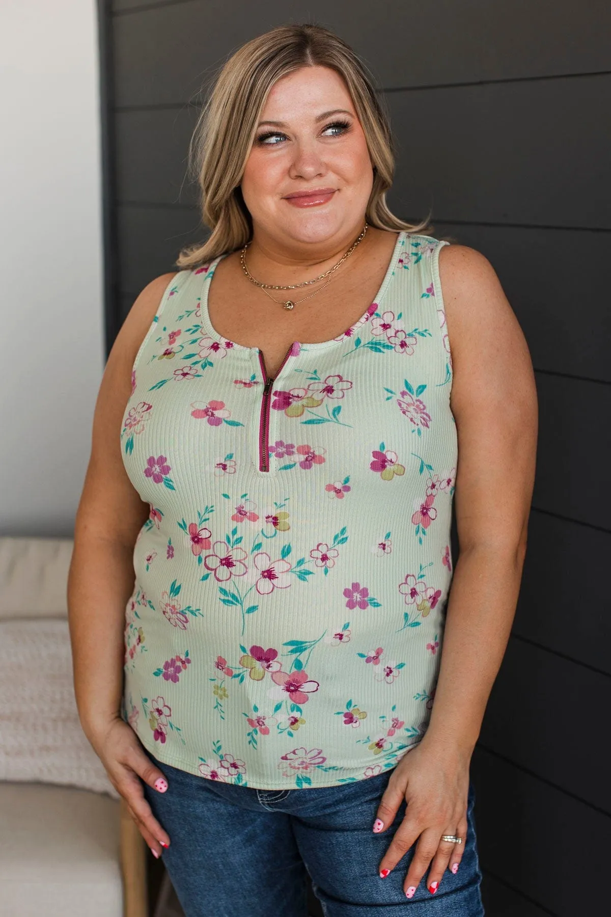 Always A Cutie Floral Tank Top- Mint & Fuchsia