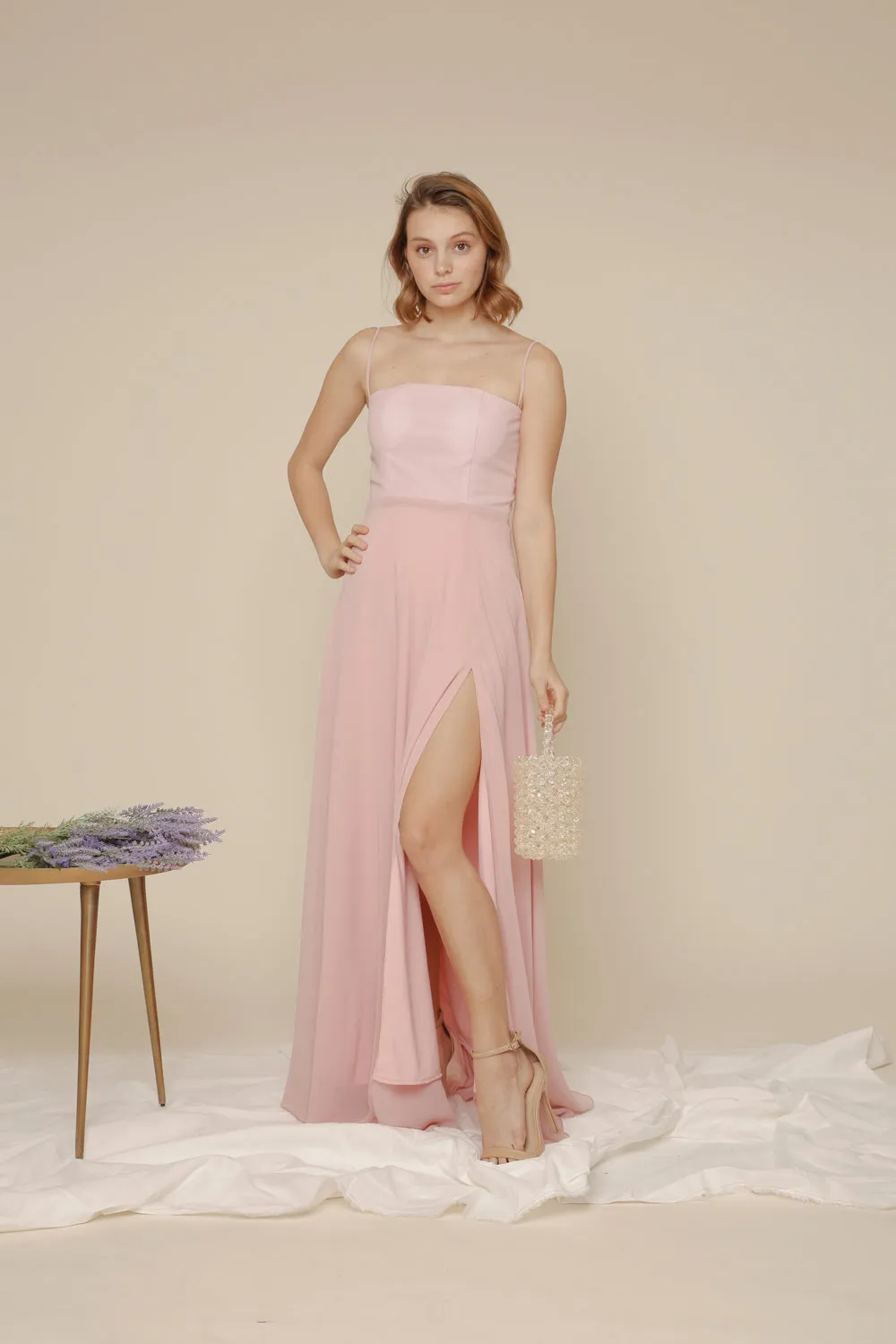 ANDALUCIA Straight Cut Neckline Chiffon Maxi with High Slit (Old Rose Chiffon)