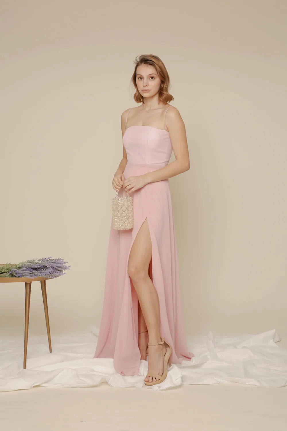ANDALUCIA Straight Cut Neckline Chiffon Maxi with High Slit (Old Rose Chiffon)