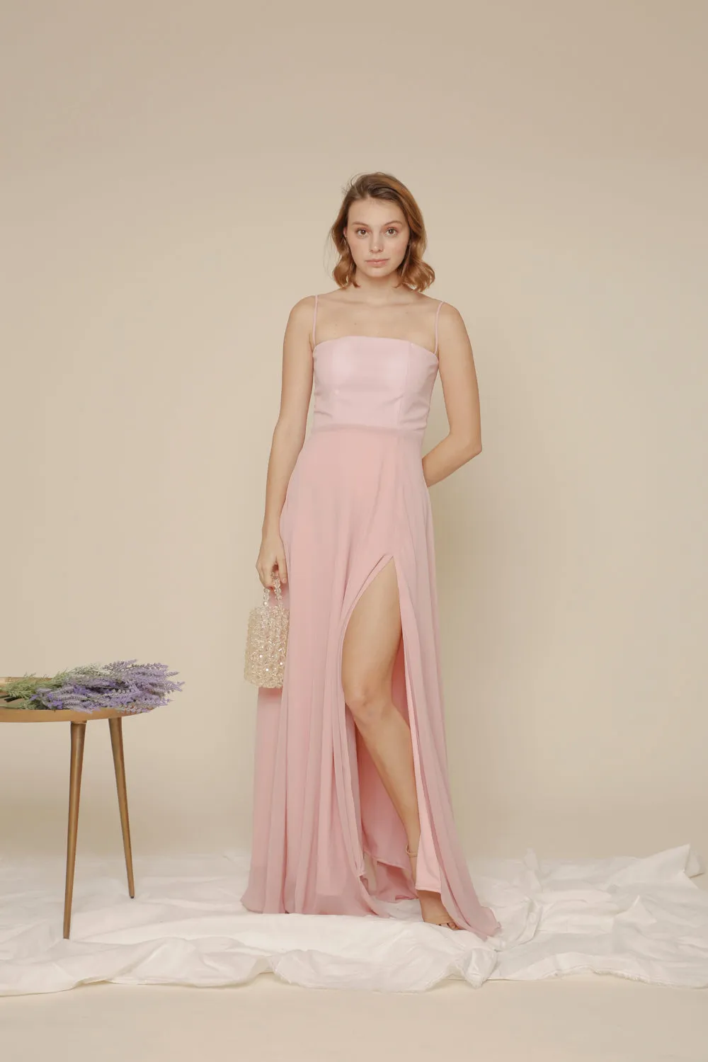 ANDALUCIA Straight Cut Neckline Chiffon Maxi with High Slit (Old Rose Chiffon)