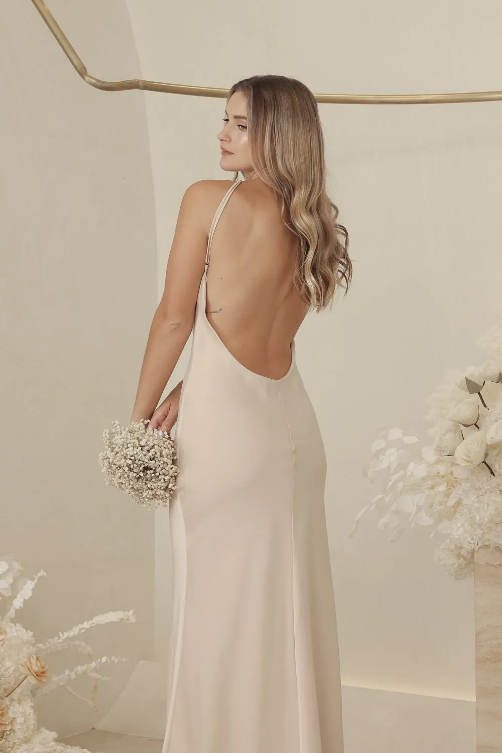 ANTOINETTE Full Length Silk Dress with Two Floral Detail on Neckline and Open Back (Nude Silk Crepe)