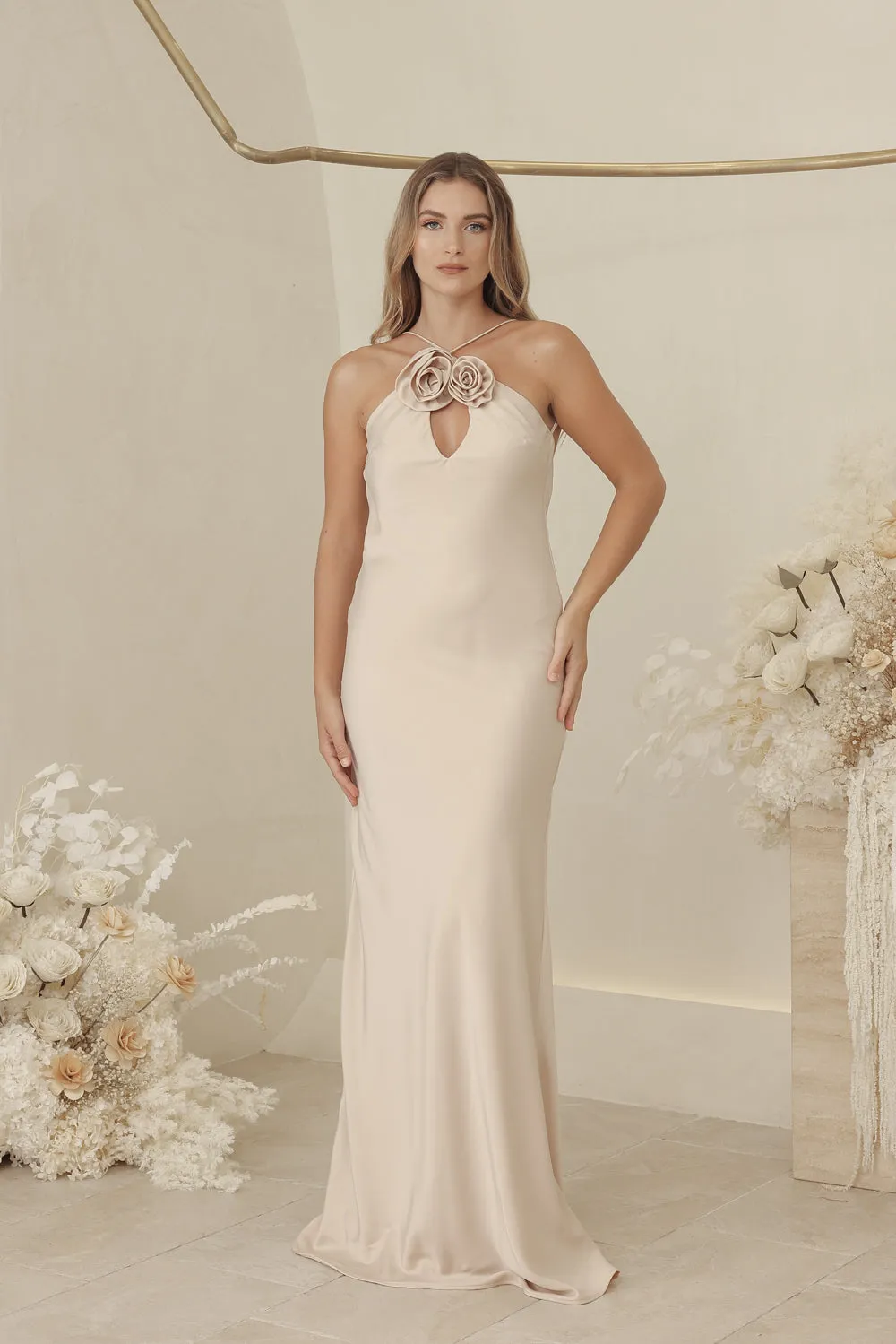 ANTOINETTE Full Length Silk Dress with Two Floral Detail on Neckline and Open Back (Nude Silk Crepe)