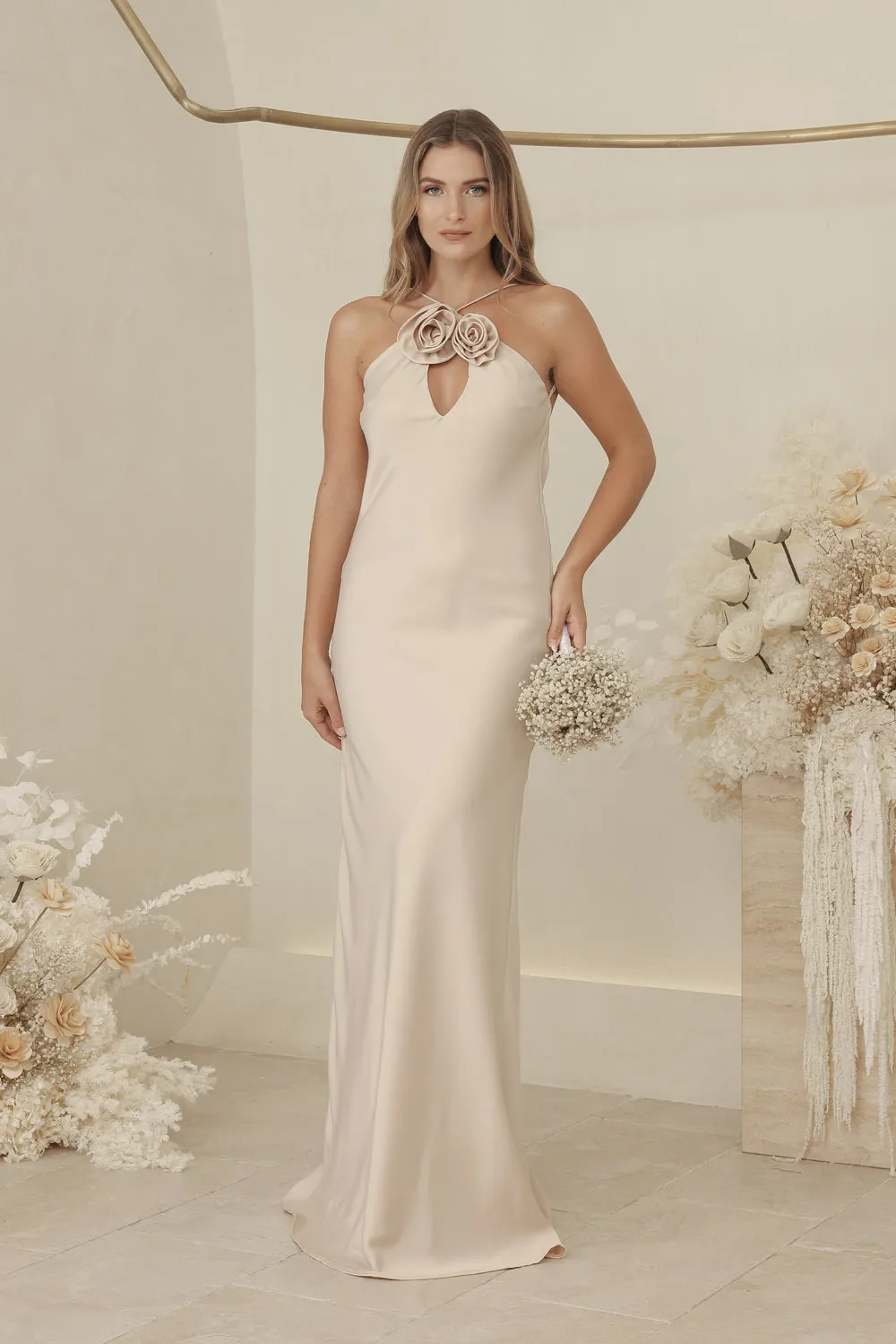 ANTOINETTE Full Length Silk Dress with Two Floral Detail on Neckline and Open Back (Nude Silk Crepe)