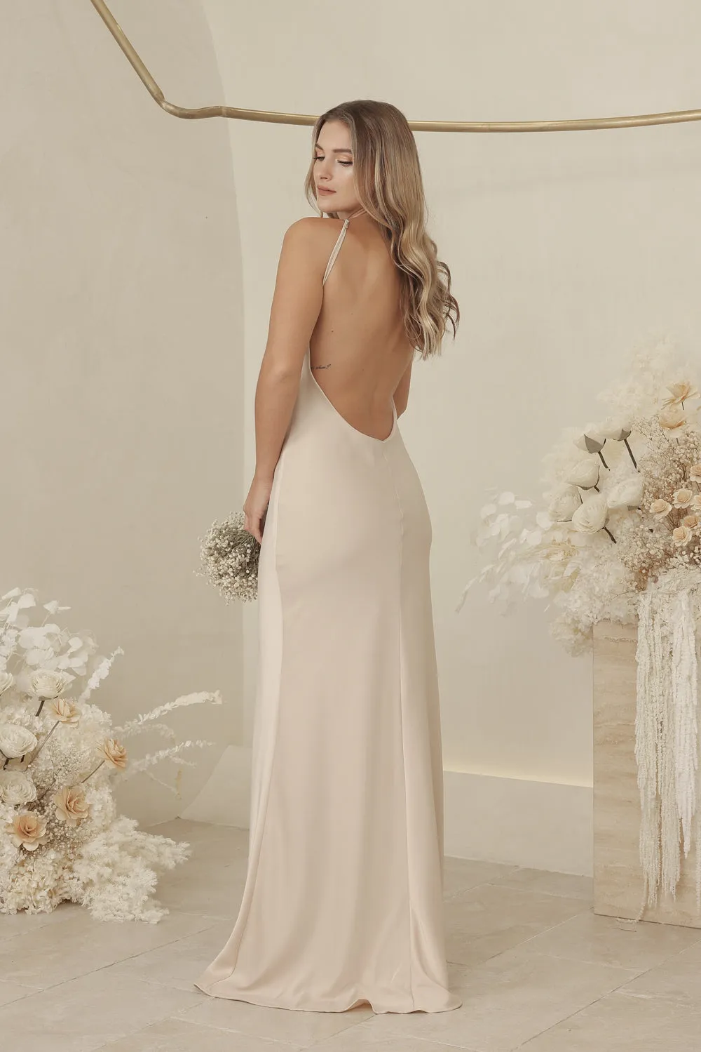 ANTOINETTE Full Length Silk Dress with Two Floral Detail on Neckline and Open Back (Nude Silk Crepe)