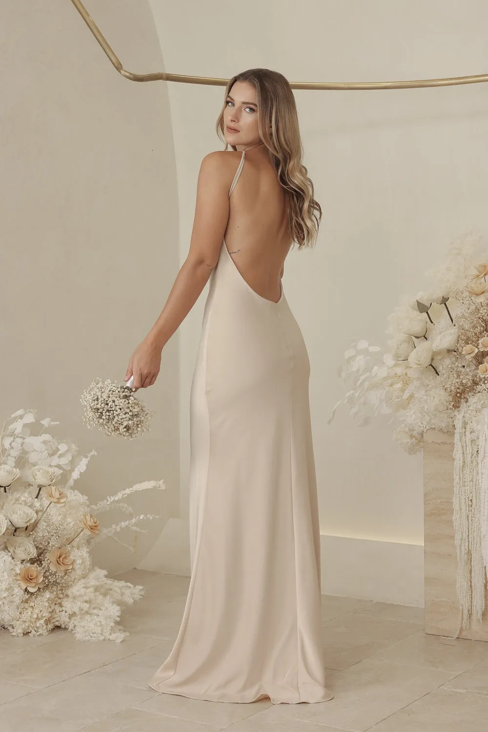 ANTOINETTE Full Length Silk Dress with Two Floral Detail on Neckline and Open Back (Nude Silk Crepe)