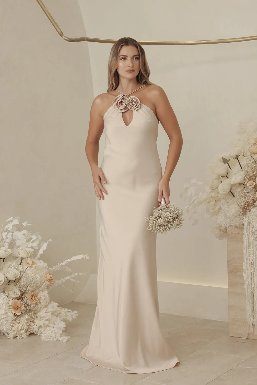 ANTOINETTE Full Length Silk Dress with Two Floral Detail on Neckline and Open Back (Nude Silk Crepe)