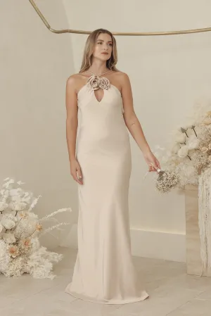 ANTOINETTE Full Length Silk Dress with Two Floral Detail on Neckline and Open Back (Nude Silk Crepe)