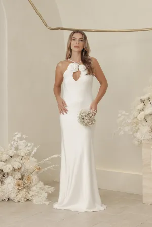 ANTOINETTE Full Length Silk Dress with Two Floral Detail on Neckline and Open Back (White Silk Crepe)