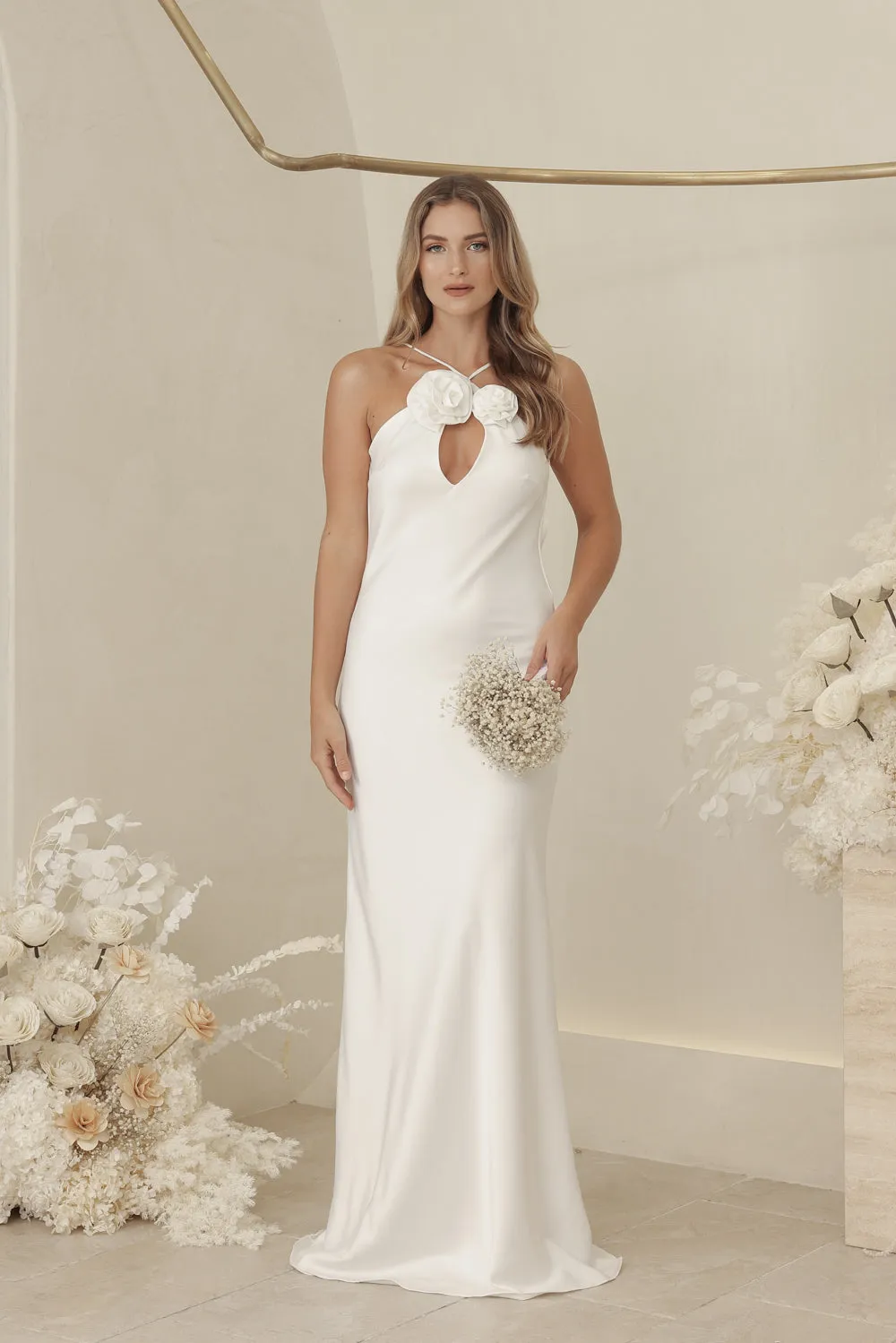 ANTOINETTE Full Length Silk Dress with Two Floral Detail on Neckline and Open Back (White Silk Crepe)