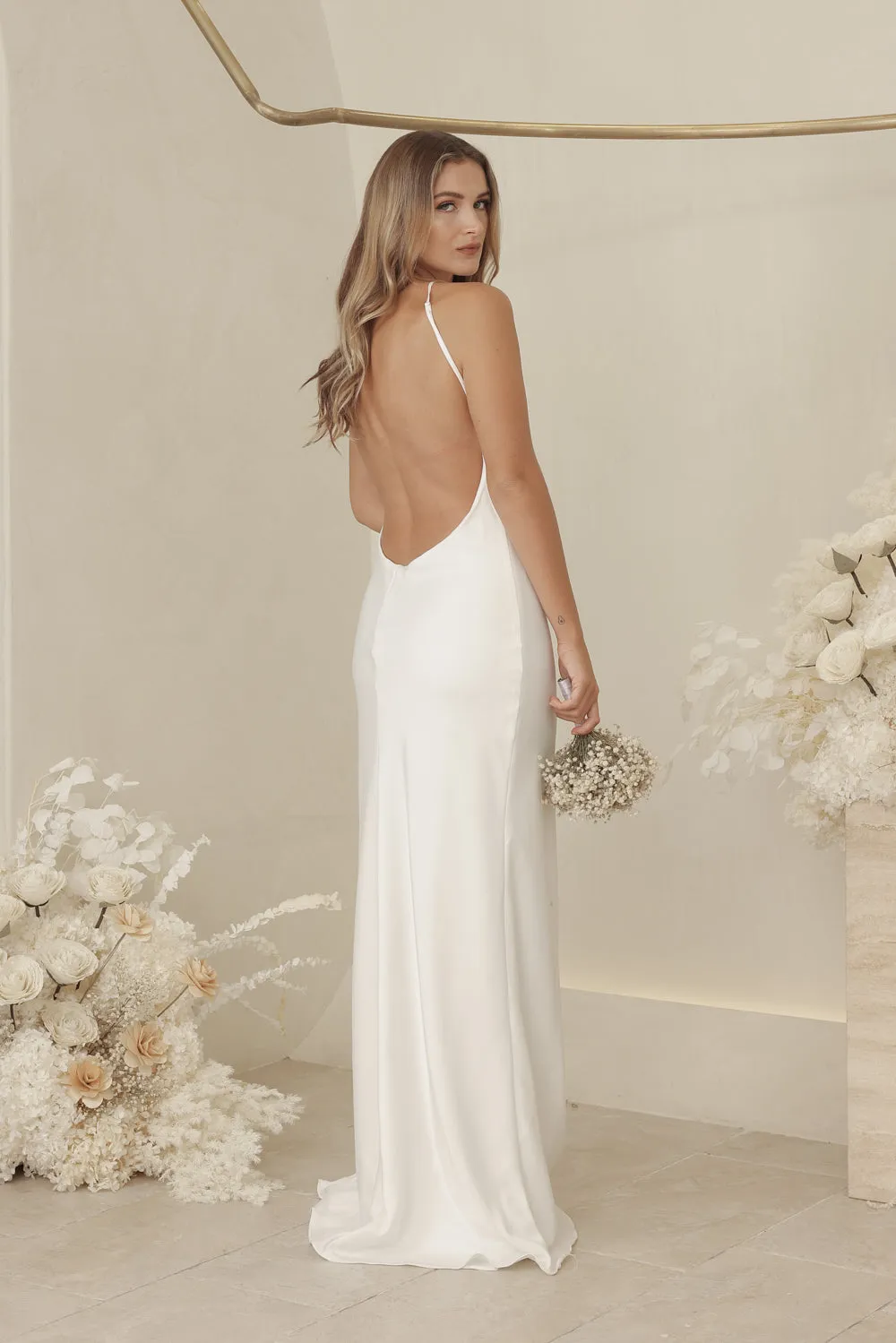 ANTOINETTE Full Length Silk Dress with Two Floral Detail on Neckline and Open Back (White Silk Crepe)