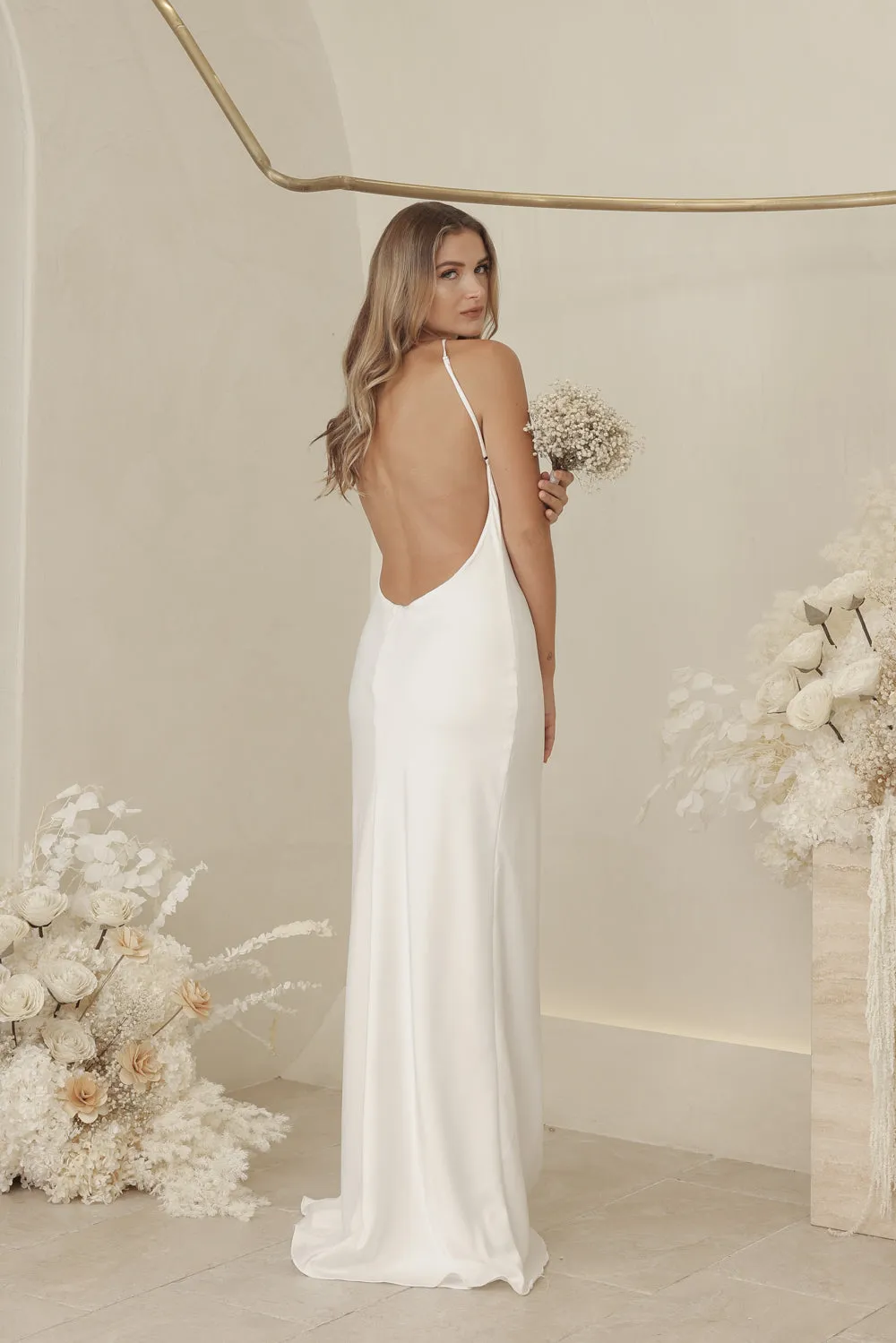ANTOINETTE Full Length Silk Dress with Two Floral Detail on Neckline and Open Back (White Silk Crepe)