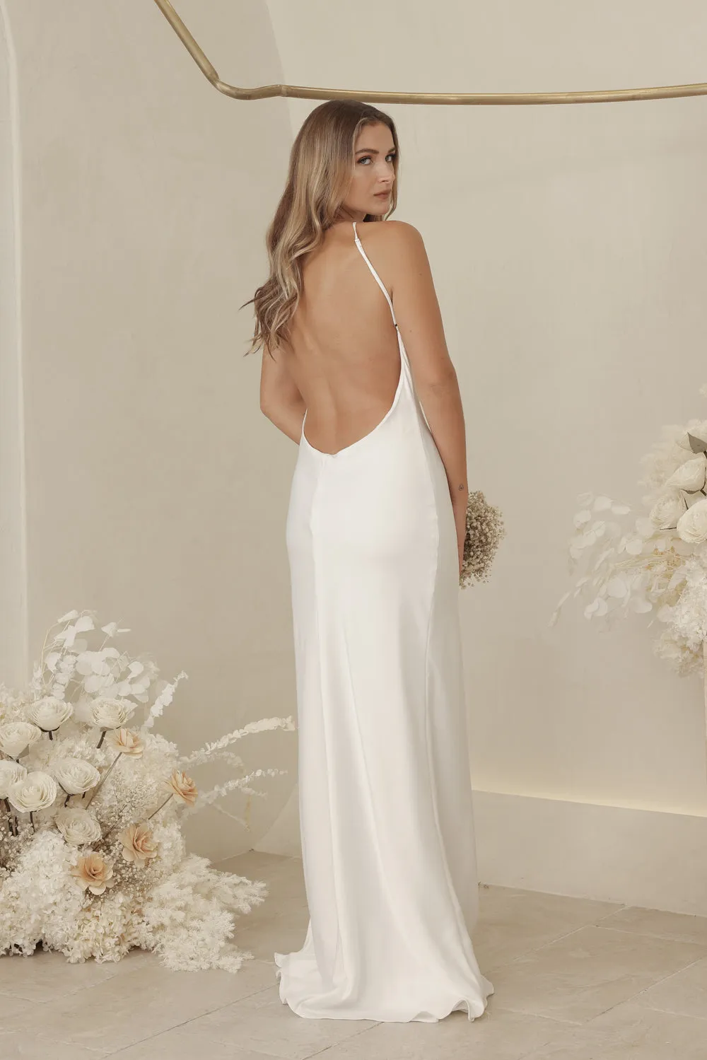 ANTOINETTE Full Length Silk Dress with Two Floral Detail on Neckline and Open Back (White Silk Crepe)
