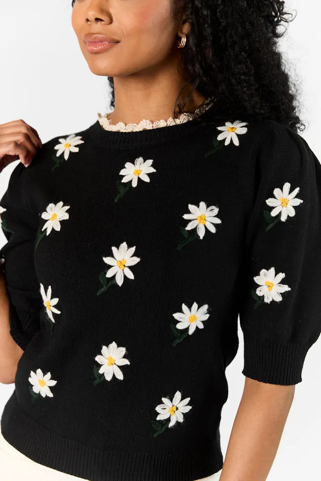 Around The Garden Black Floral Embroidered Lace Trim Short Sleeve Sweater SALE
