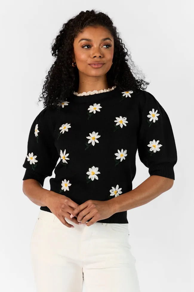 Around The Garden Black Floral Embroidered Lace Trim Short Sleeve Sweater SALE