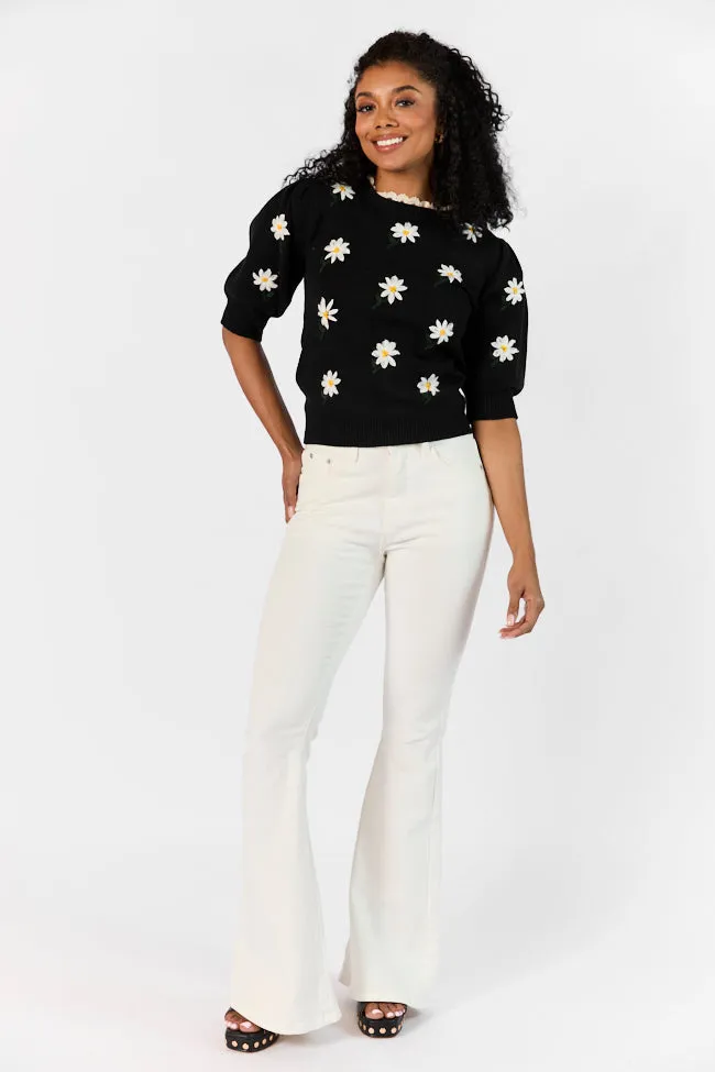 Around The Garden Black Floral Embroidered Lace Trim Short Sleeve Sweater SALE