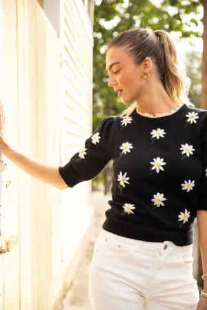 Around The Garden Black Floral Embroidered Lace Trim Short Sleeve Sweater SALE
