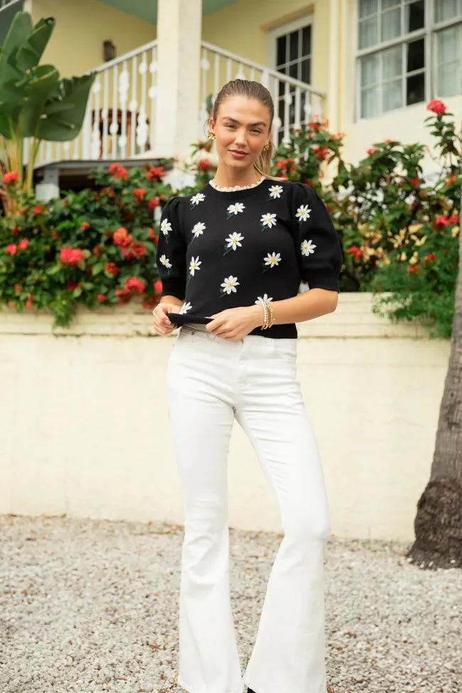 Around The Garden Black Floral Embroidered Lace Trim Short Sleeve Sweater SALE