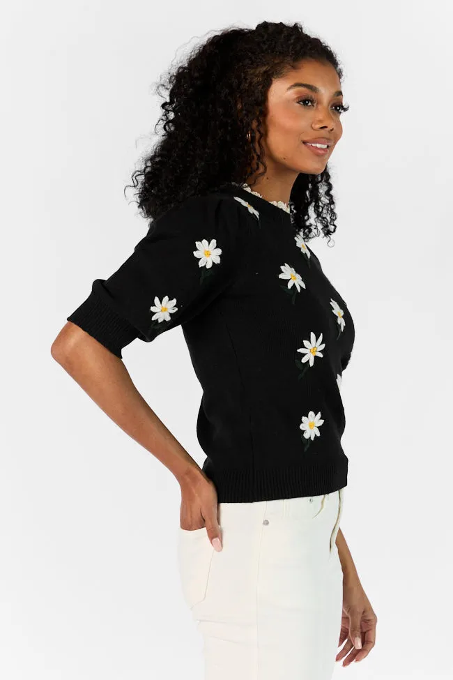 Around The Garden Black Floral Embroidered Lace Trim Short Sleeve Sweater SALE