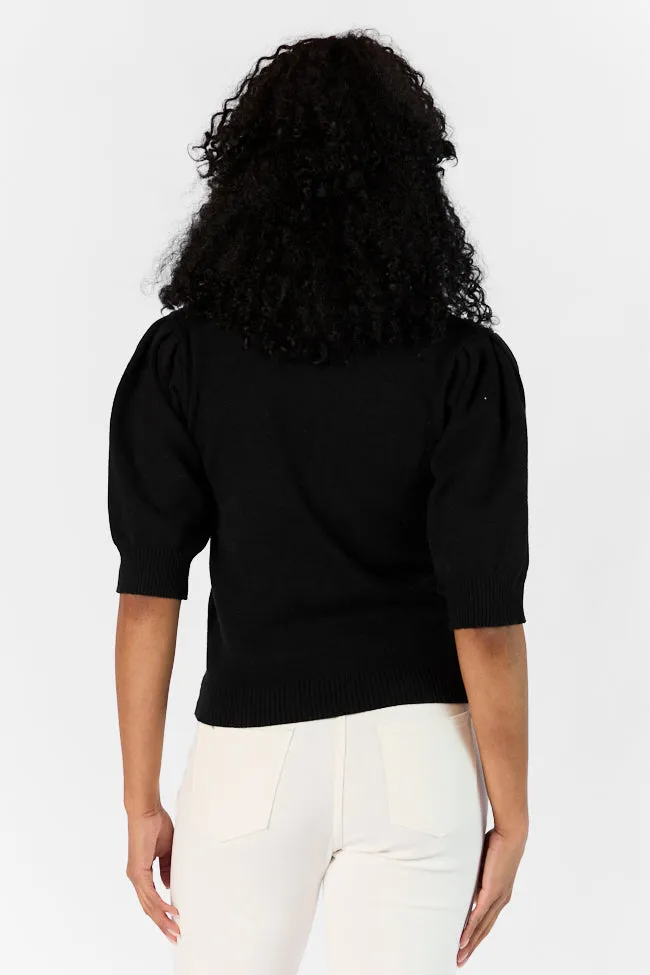 Around The Garden Black Floral Embroidered Lace Trim Short Sleeve Sweater SALE