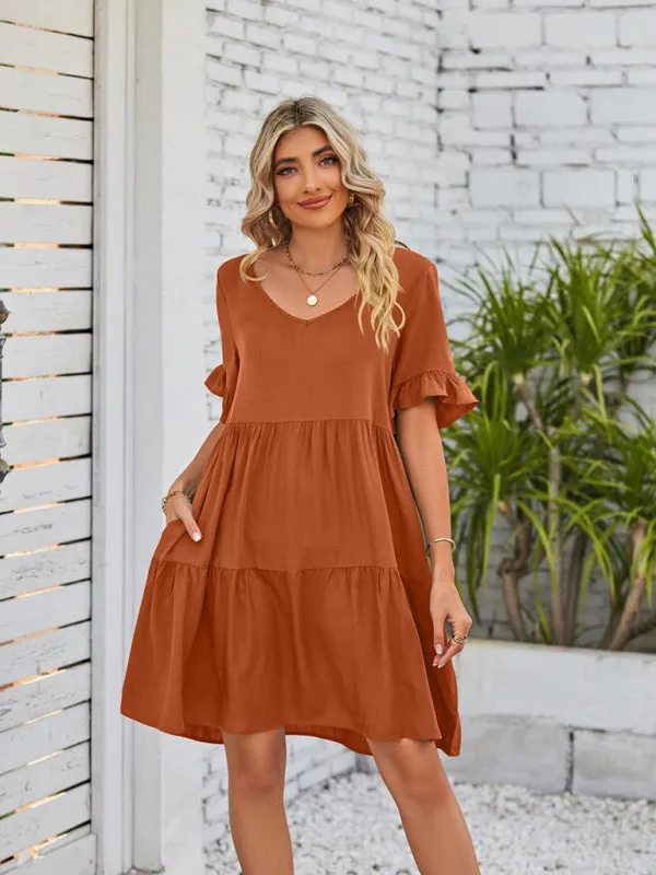 Babydoll V-Neck Dress with Ruffle Sleeves and Pleated Layers