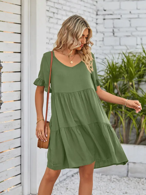 Babydoll V-Neck Dress with Ruffle Sleeves and Pleated Layers