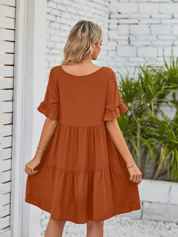 Babydoll V-Neck Dress with Ruffle Sleeves and Pleated Layers
