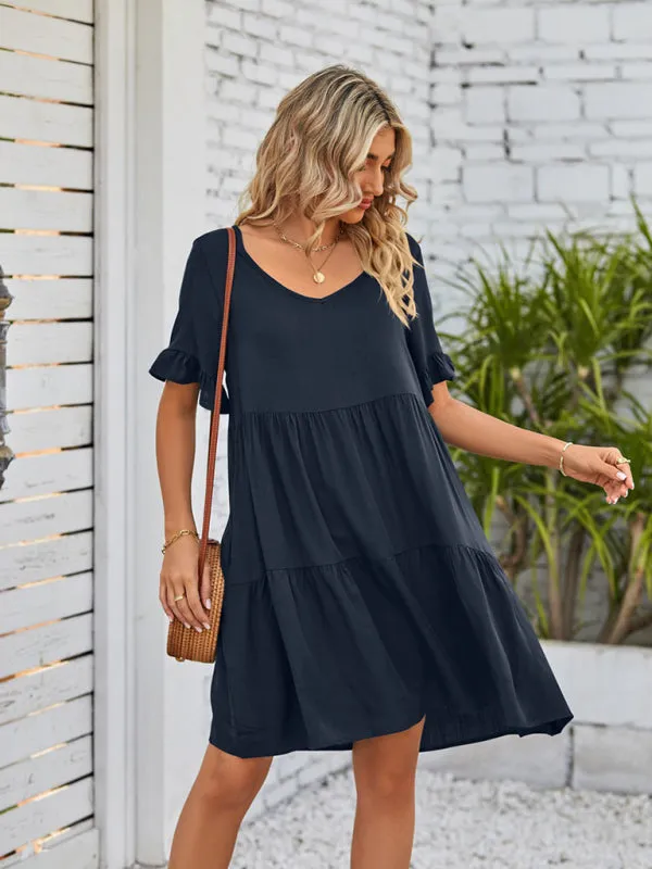 Babydoll V-Neck Dress with Ruffle Sleeves and Pleated Layers