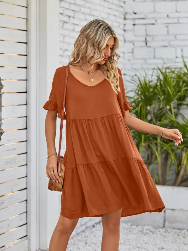 Babydoll V-Neck Dress with Ruffle Sleeves and Pleated Layers