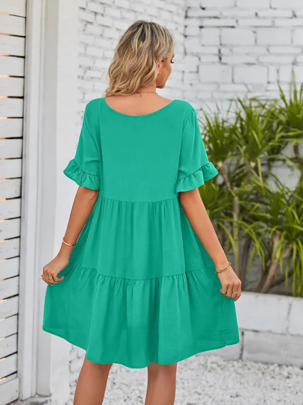 Babydoll V-Neck Dress with Ruffle Sleeves and Pleated Layers