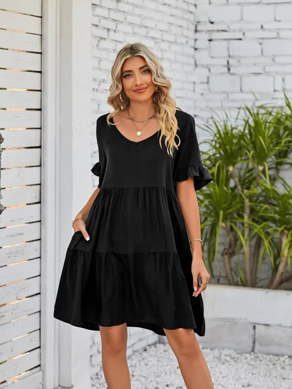 Babydoll V-Neck Dress with Ruffle Sleeves and Pleated Layers