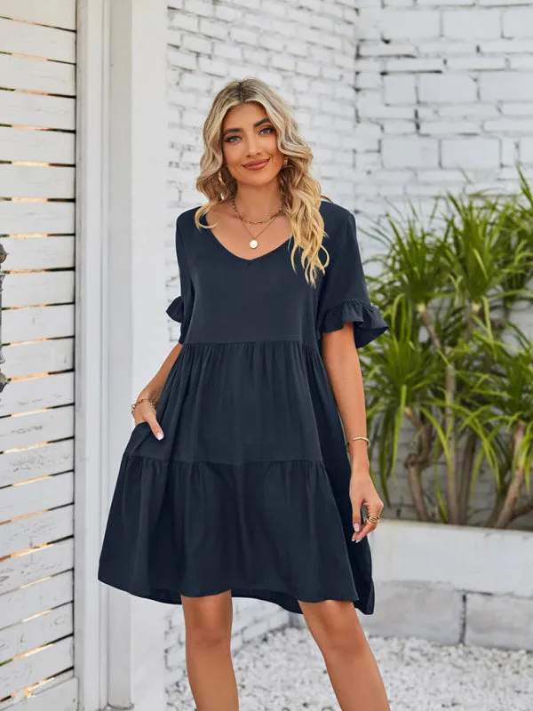Babydoll V-Neck Dress with Ruffle Sleeves and Pleated Layers